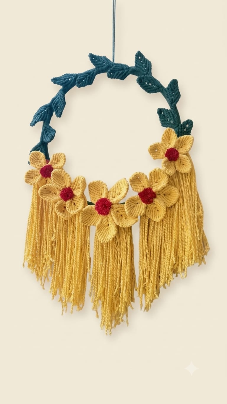 Handcrafted Macrame Floral Wall Hanging – Decorative Door Wreath with Yellow Flowers & Fringes SIZE (22*12)