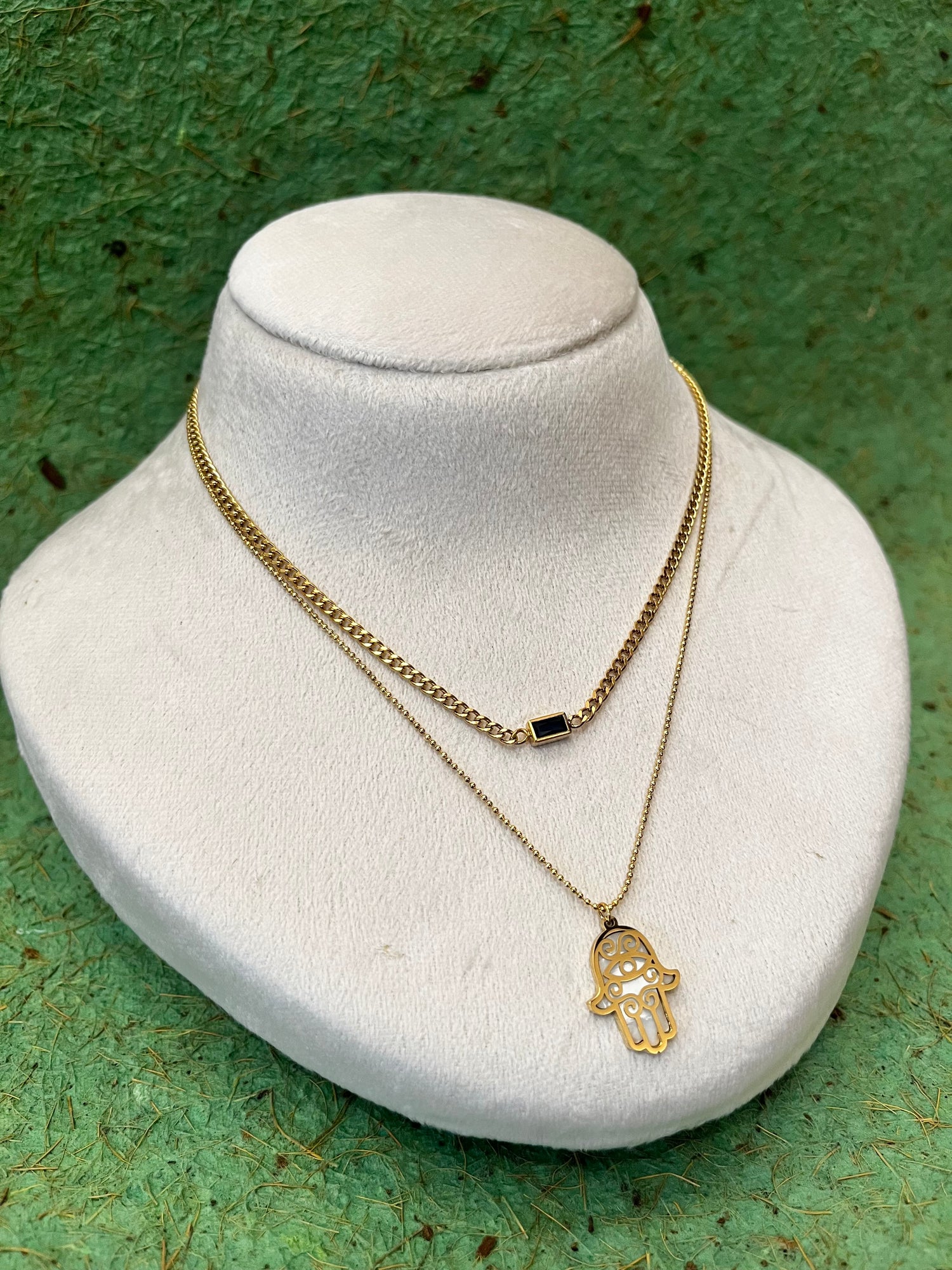 Double Layer Hamsa With Blue Stone Necklace