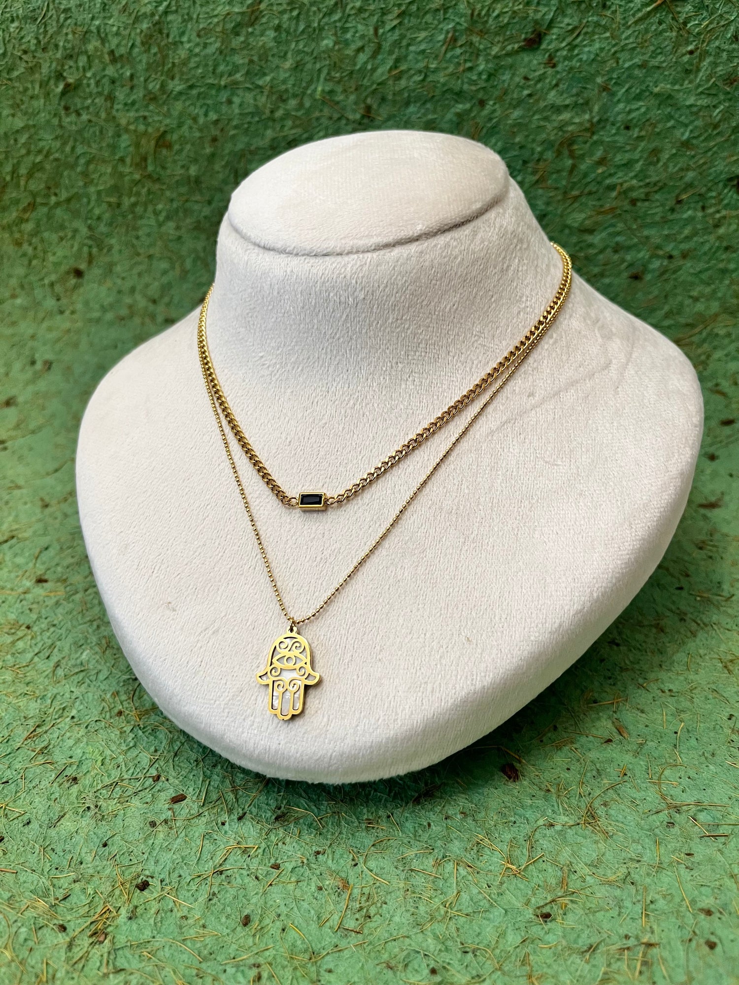 Double Layer Hamsa With Blue Stone Necklace