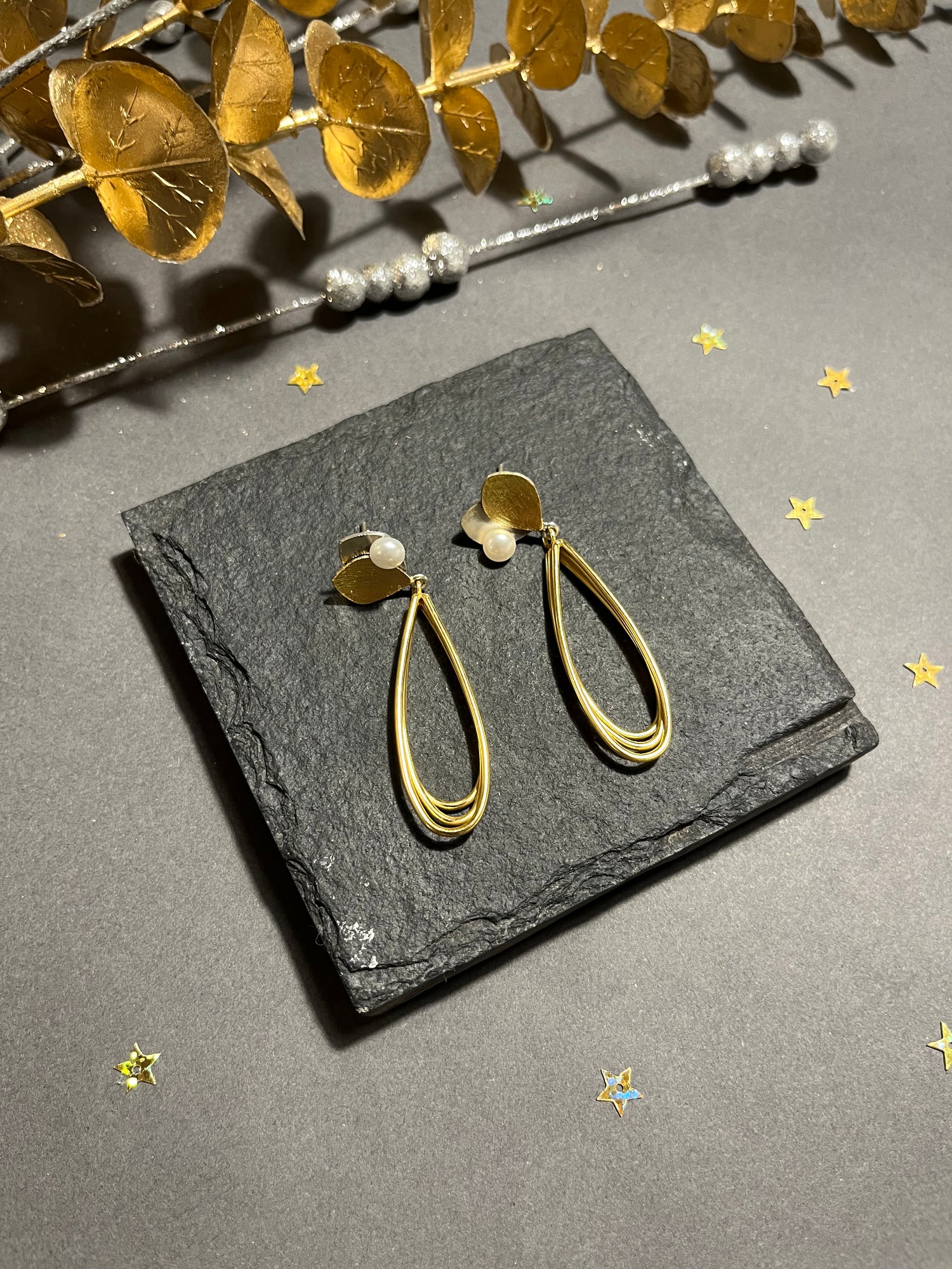 Triple Tone Long Earrings With Pearl