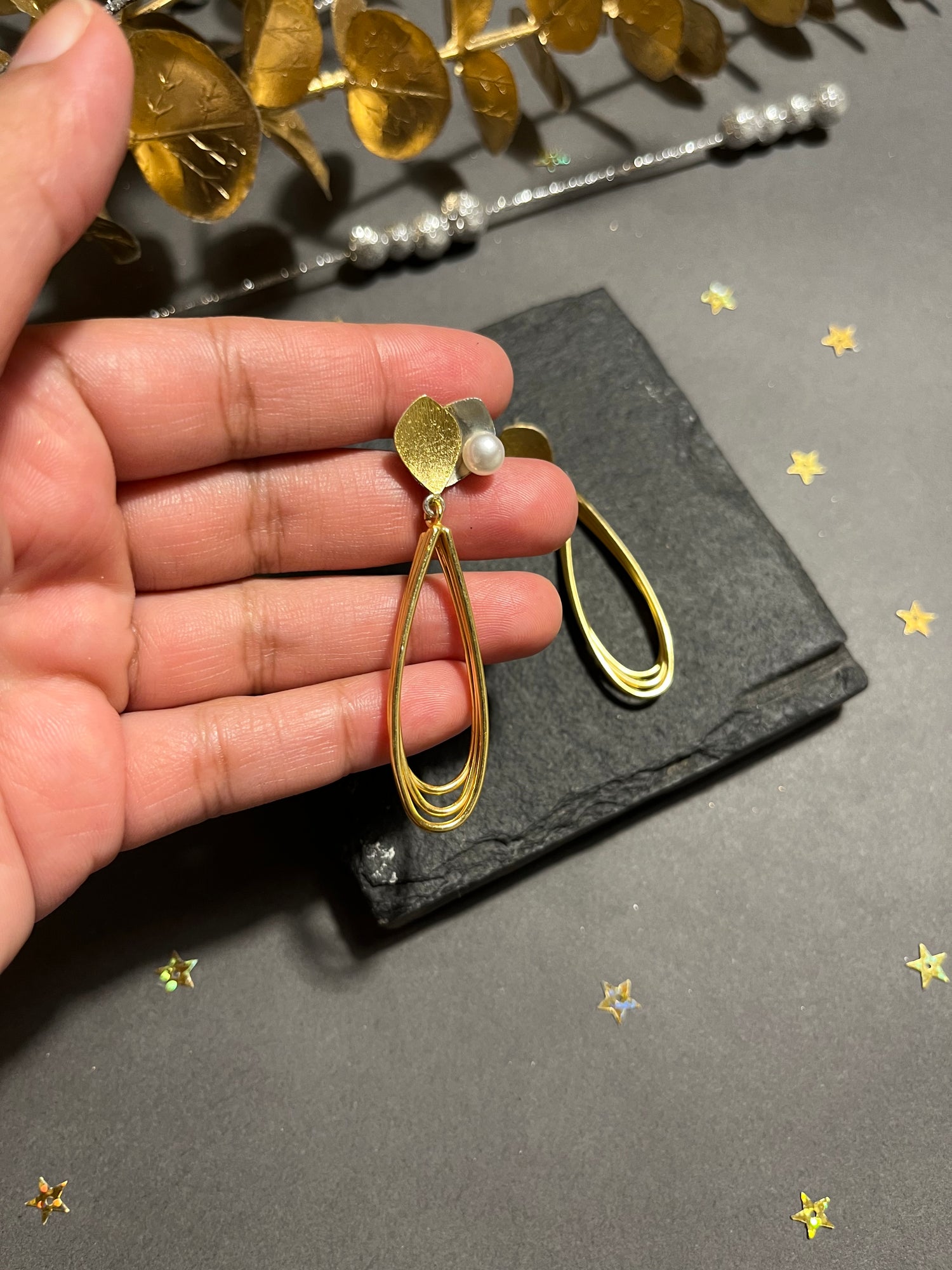 Triple Tone Long Earrings With Pearl