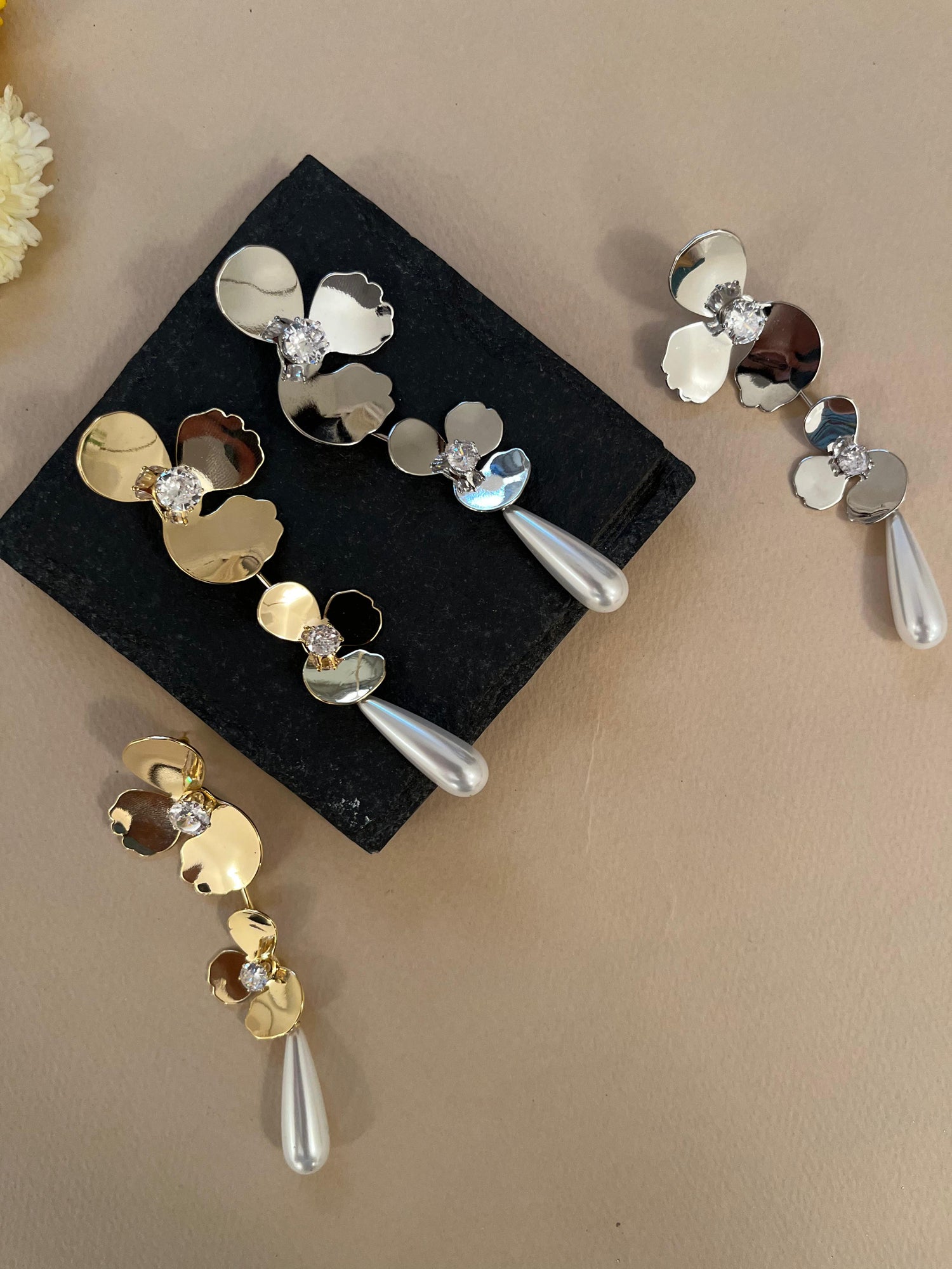 Silver - Half Flower with Pearl Drop Earrings