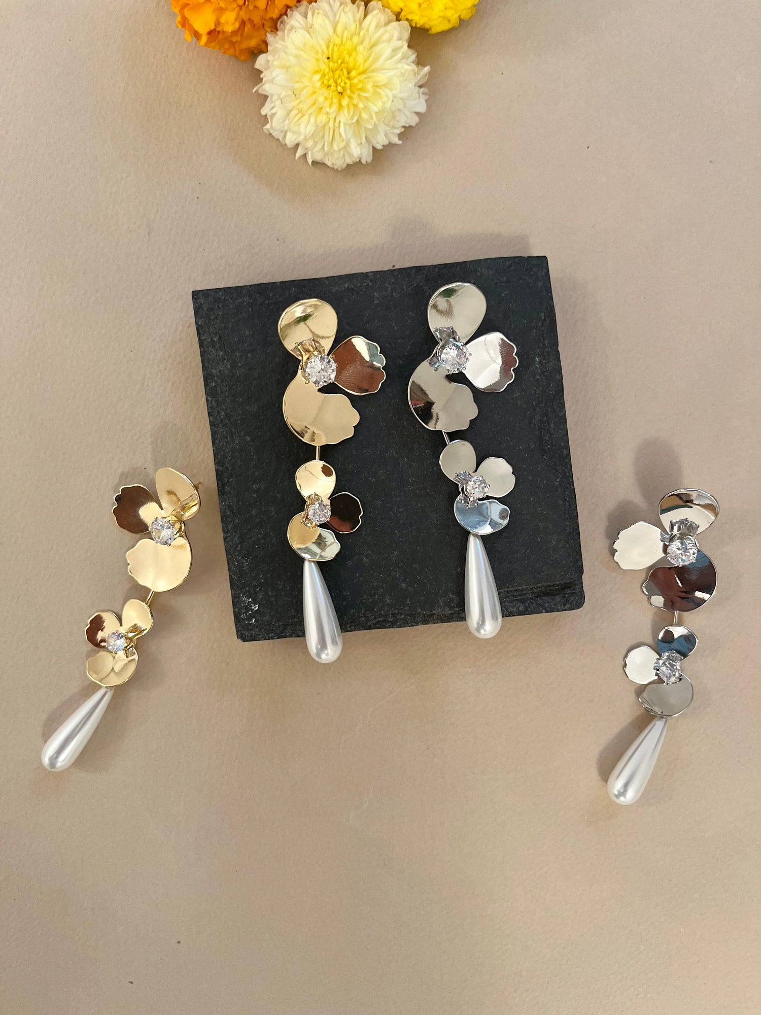 Gold - Half Flower with Pearl Drop Earrings