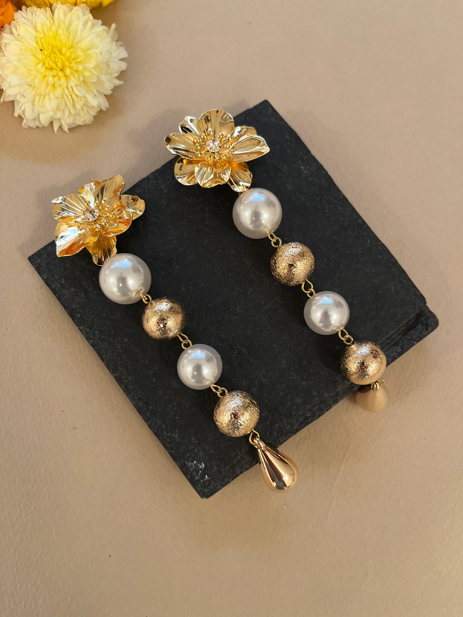 Extra Long Pearl & Gold Floral Earrings