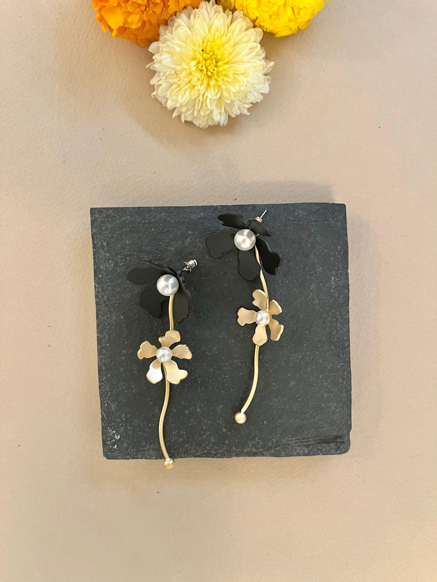 Black & Gold Matte Long Earrings
