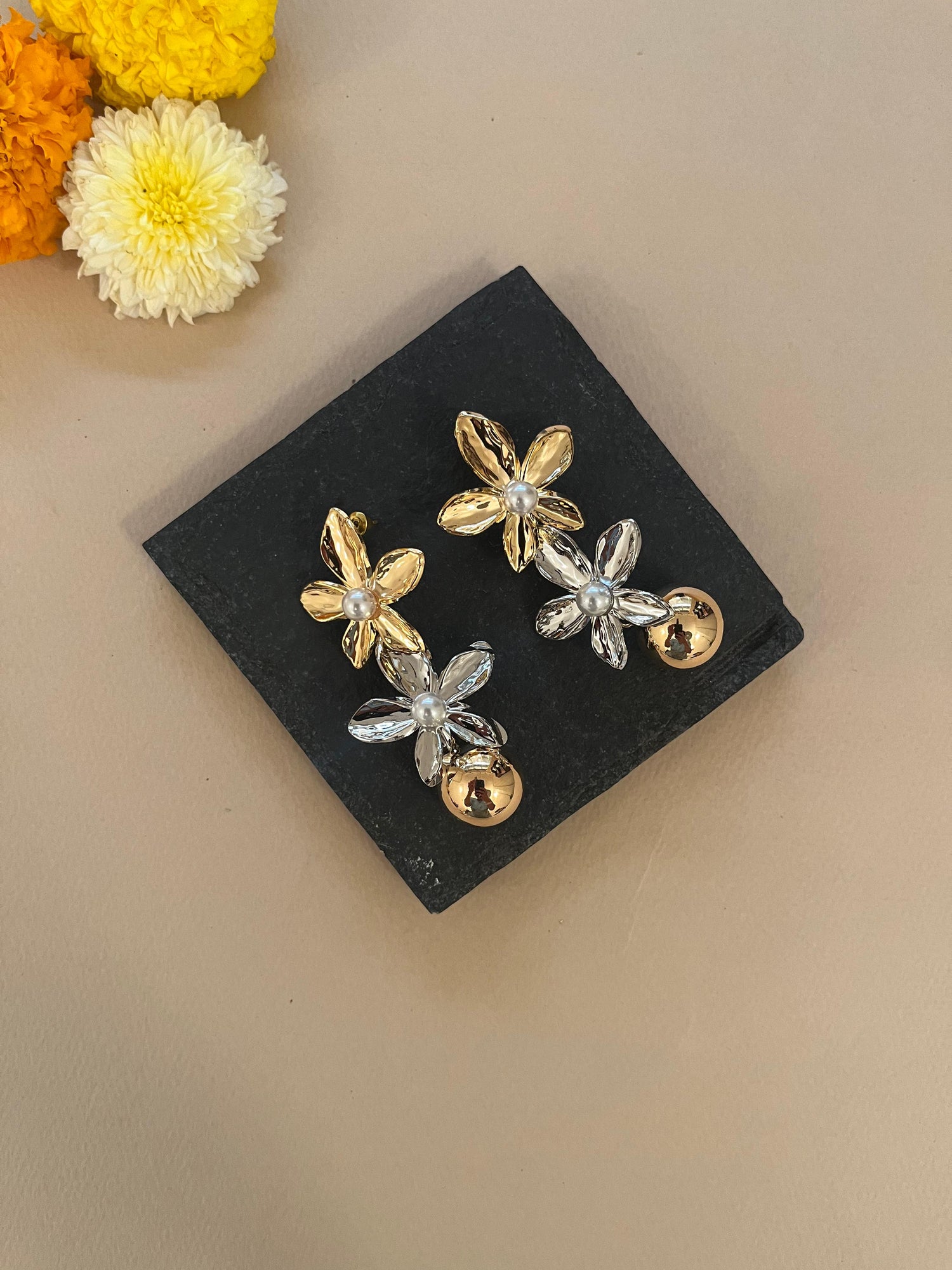 Dual Tone Floral Earrings