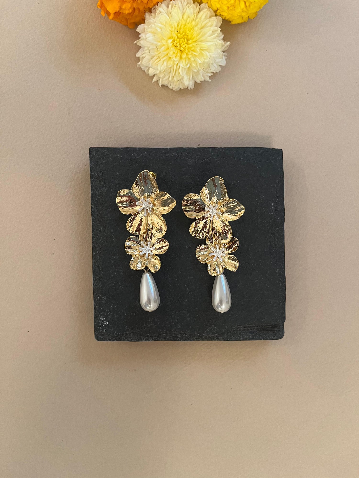 Floral Double Layer Pearl Drop Earrings