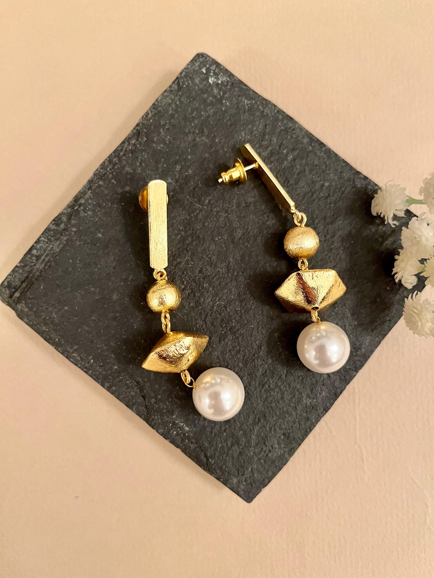 Long Pearl & Gold Earrings