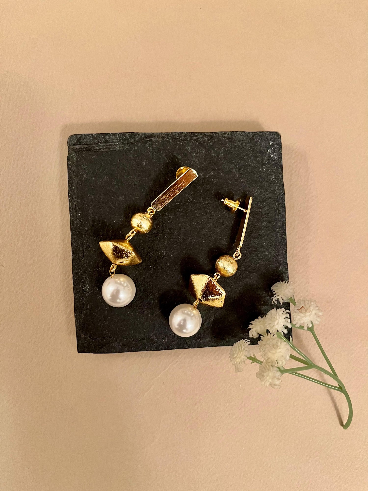 Long Pearl & Gold Earrings