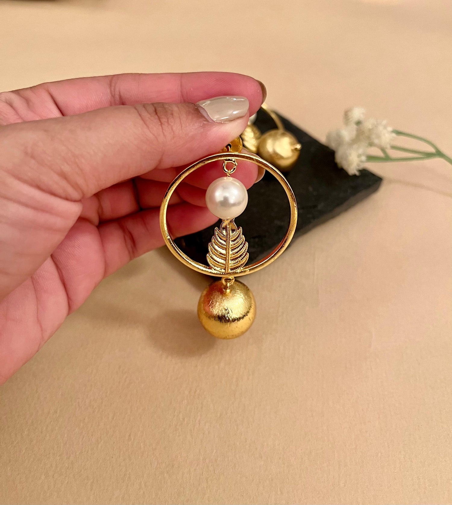 Round Pearl & Gold Ball Earrings