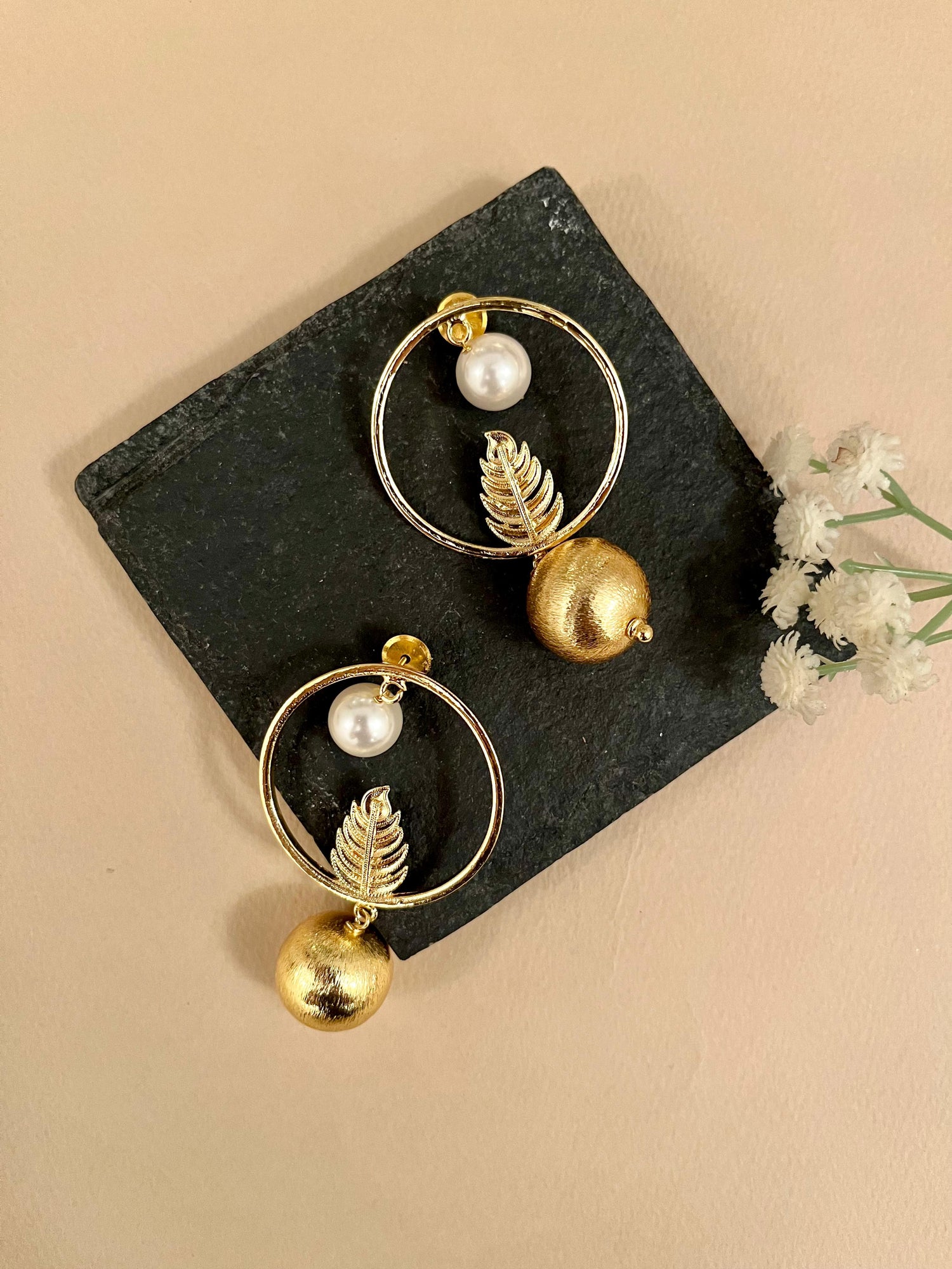 Round Pearl & Gold Ball Earrings