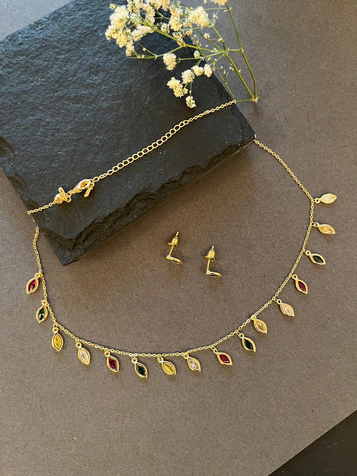 Multicolor Necklace Set with Green Studs