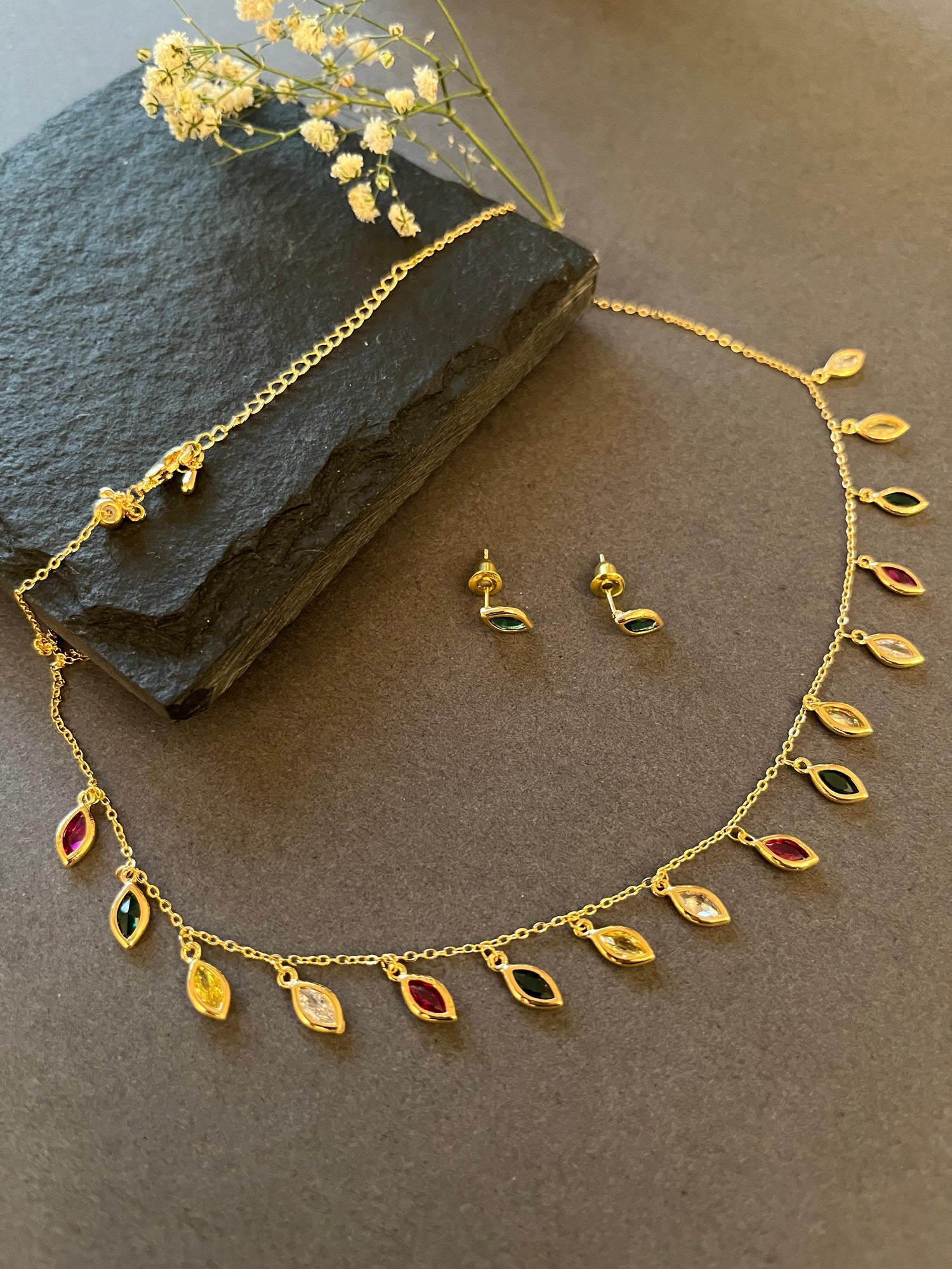 Multicolor Necklace Set with Green Studs