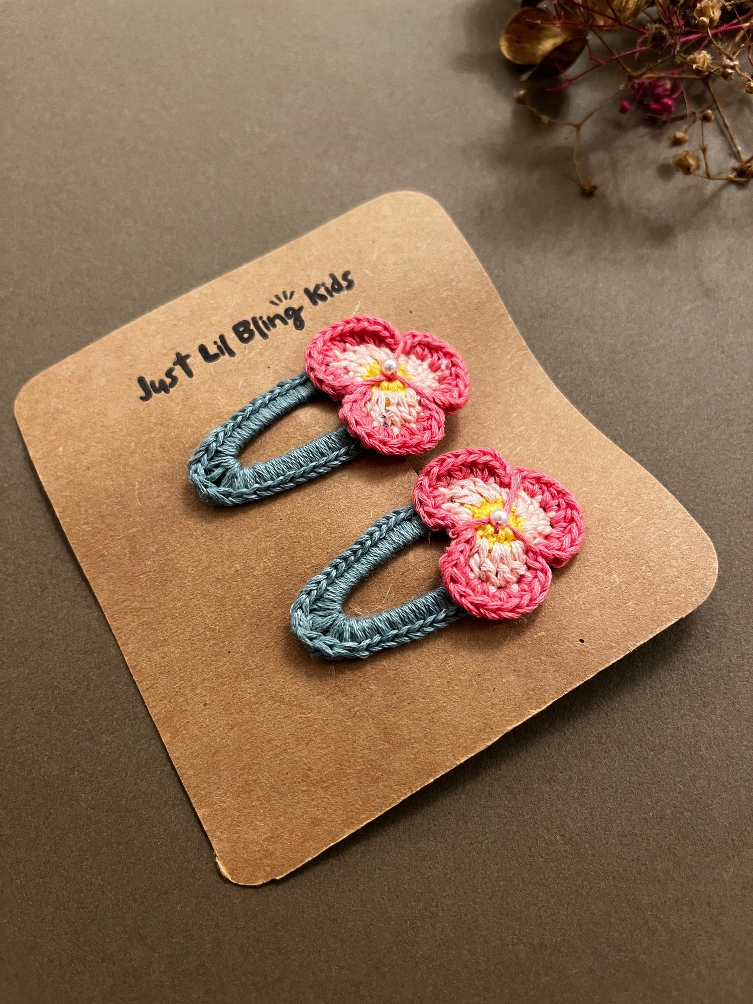 Pink & Green Floral Snap Hair Clip (Pair)