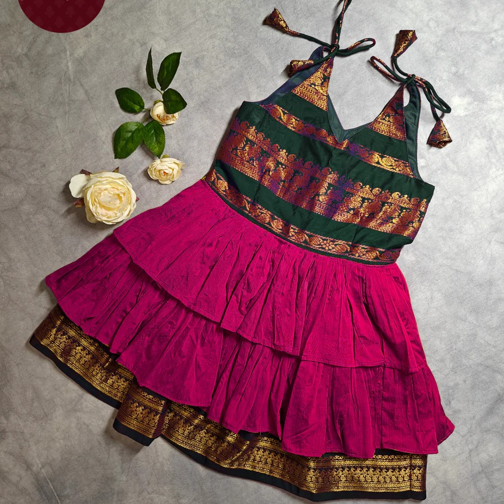 Little Miss Sunshine - Frock-Dress in Pink with green zari Ages 1-6