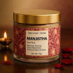 Organic Tribe Manjistha Face Pack – Ayurvedic herbal face mask with manjistha, multani mitti, sandalwood, nagkesar, lotus, rose, yashtimadhu, and shatavari. 100% natural, organic, chemical-free, and preservative-free face pack for glowing, radiant, and even-toned skin. Luxury Indian skincare inspired by traditional Ayurvedic beauty rituals.