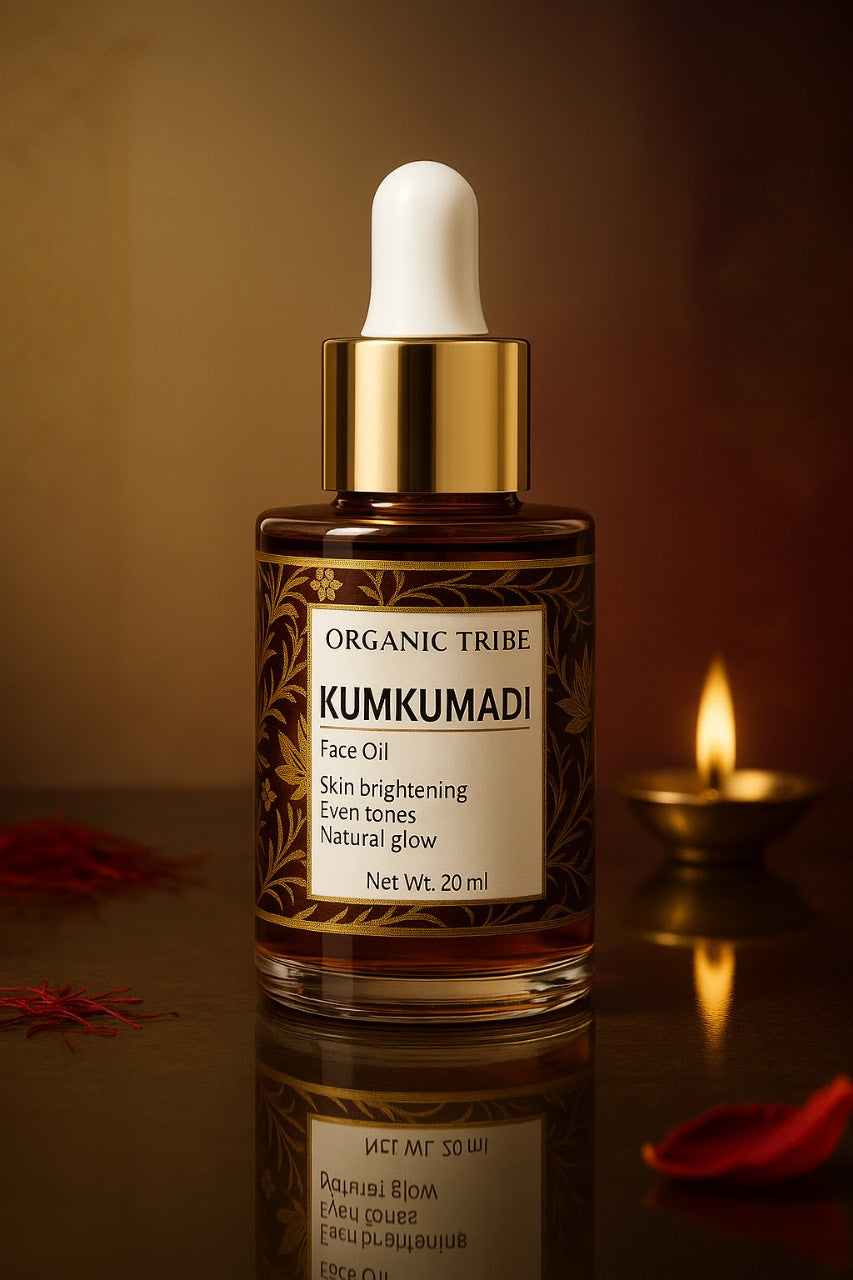 Organic Tribe Kumkumadi Face Oil – Ayurvedic anti-aging and skin brightening elixir made with saffron, red sandalwood, manjistha, lotus, licorice, and 26 natural herbs in a base of jojoba and sunflower oil. 100% organic, preservative-free, and chemical-free luxury face oil that reduces wrinkles, fades pigmentation, and gives radiant glowing skin. Inspired by royal Ayurvedic beauty rituals.