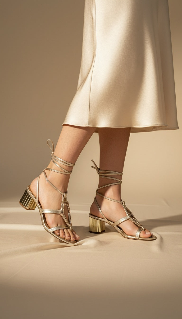 Serra Tie-Up T-Strap Heels - Gold
