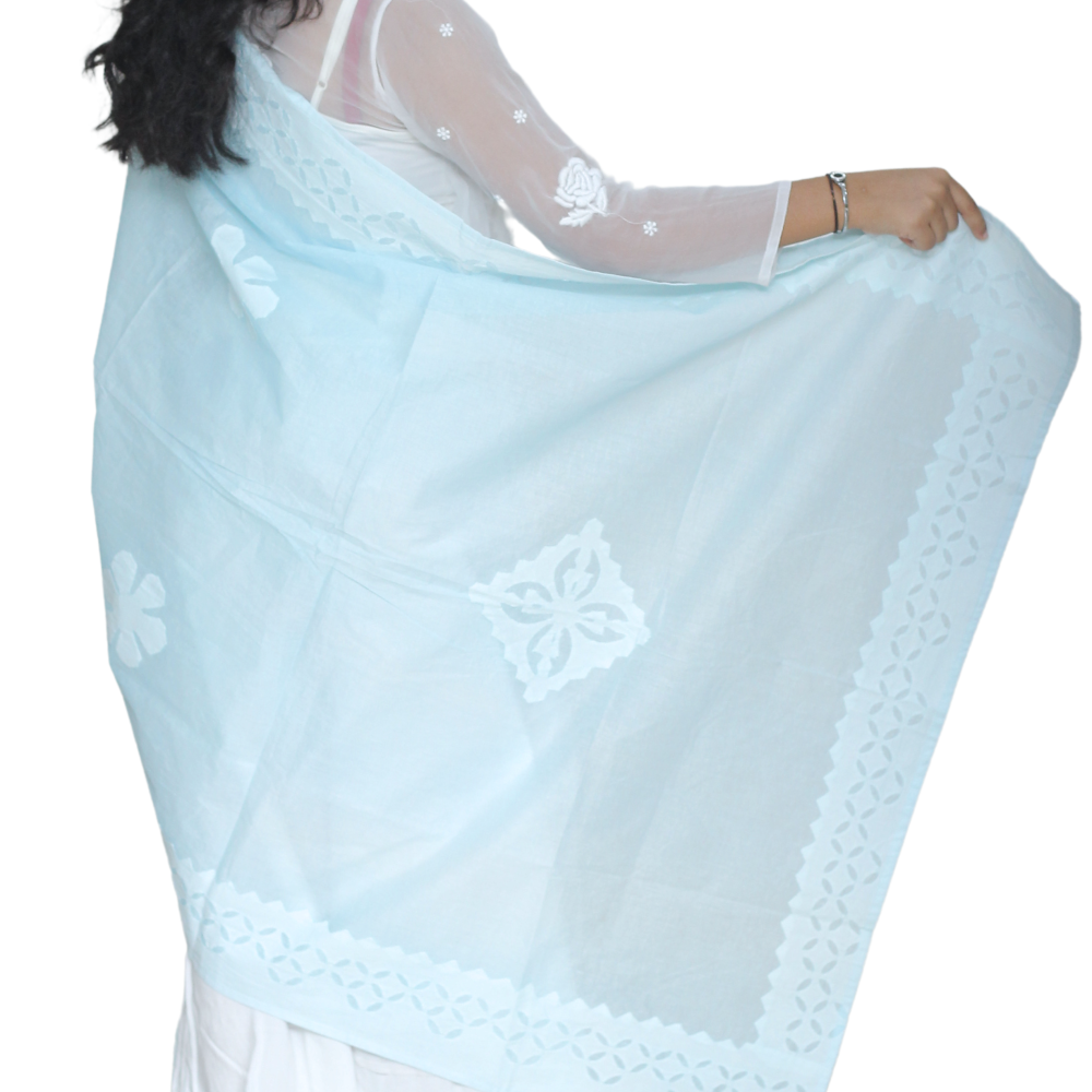 Applique Work Hand Made Organdi Dupatta (Blue)