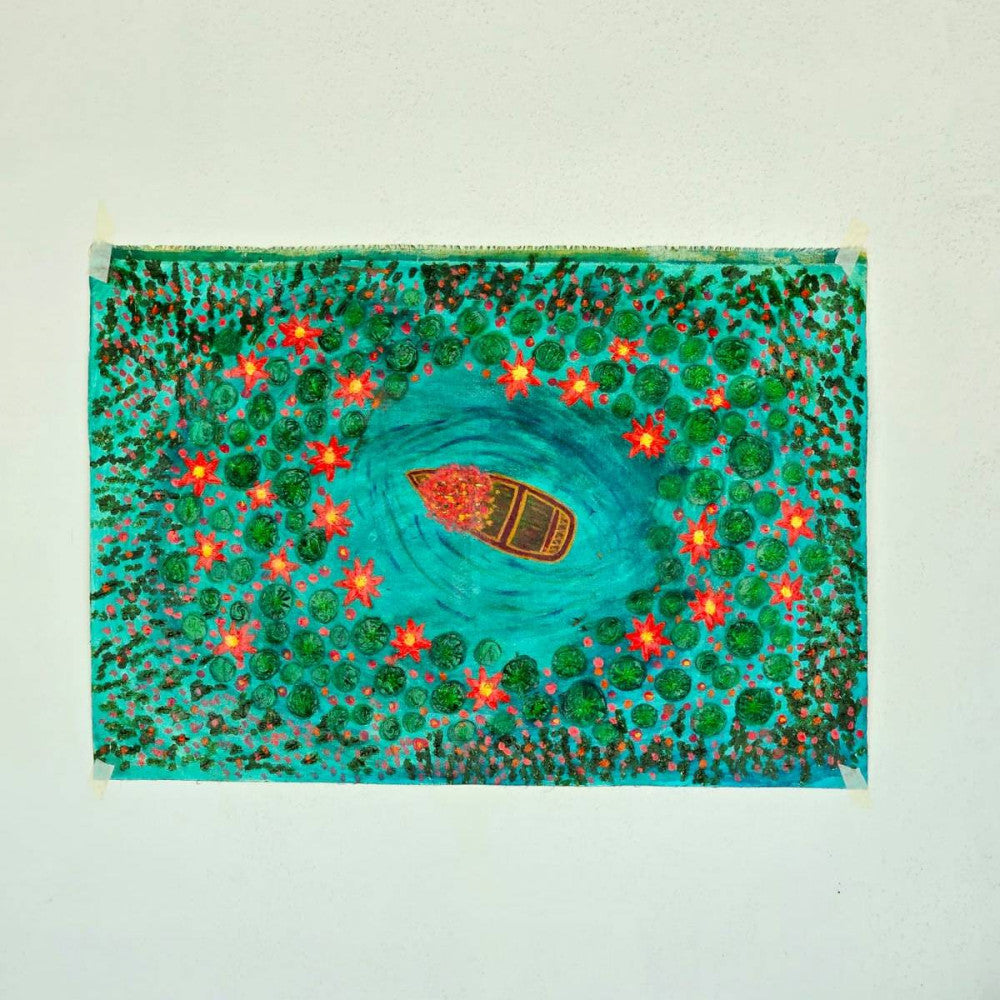 Ariel view of a Flower boat in lotus pond acrylic/oil canvas painting