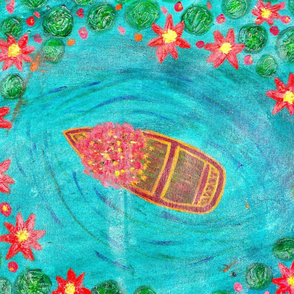 Ariel view of a Flower boat in lotus pond acrylic/oil canvas painting