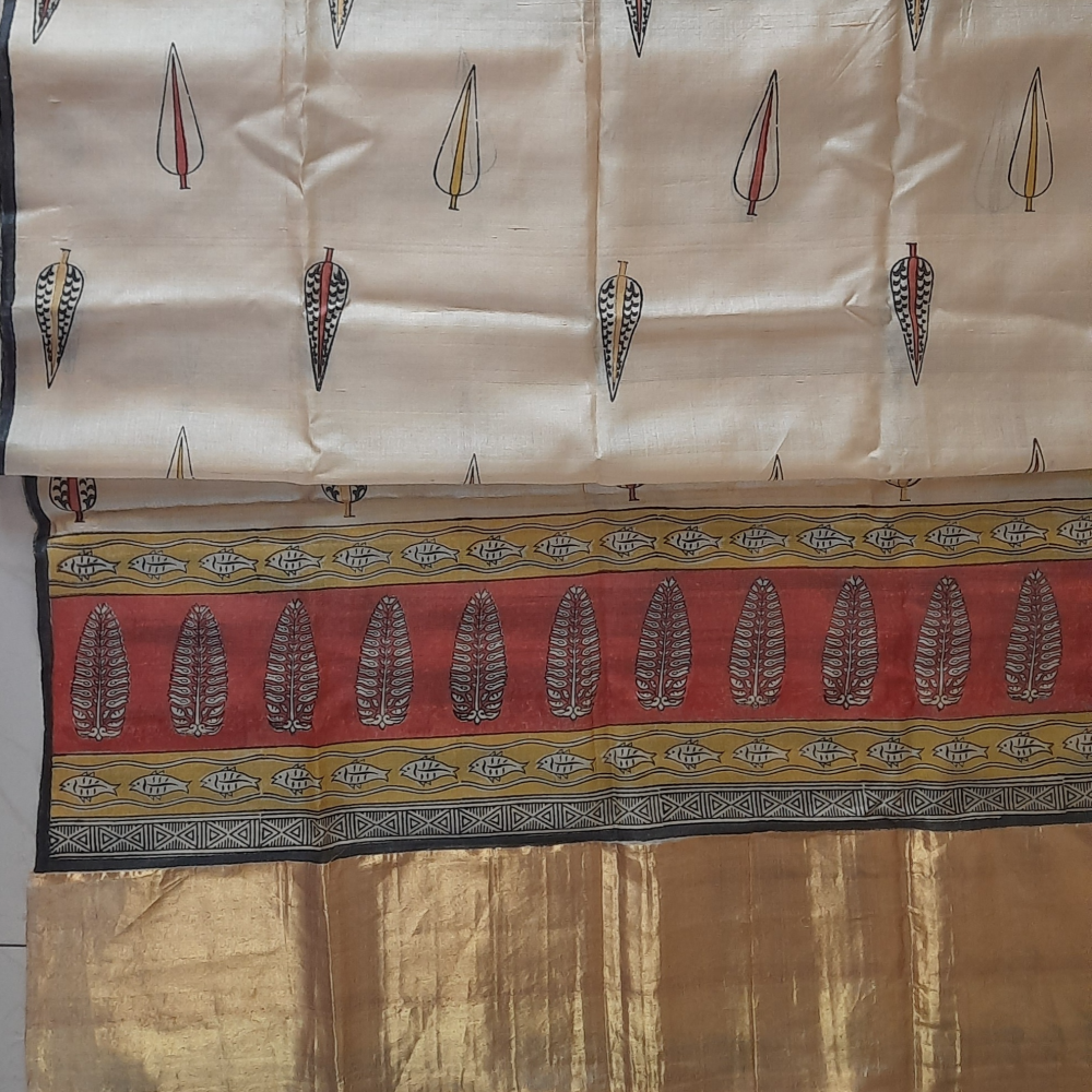 Block printed Tussar dupatta with lagdi patta