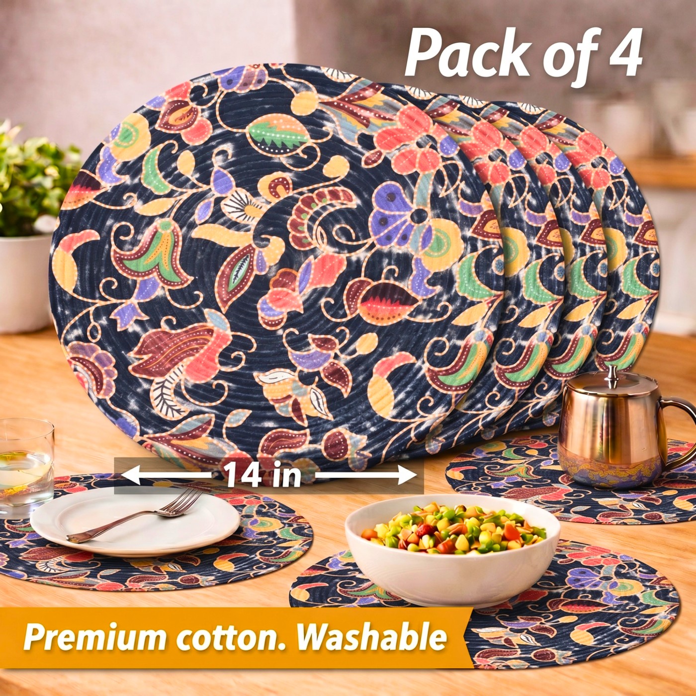 Mittory Cotton Round Dining Table Mats 4 | Floral Handmade Place Mats | Hot Pot Mat