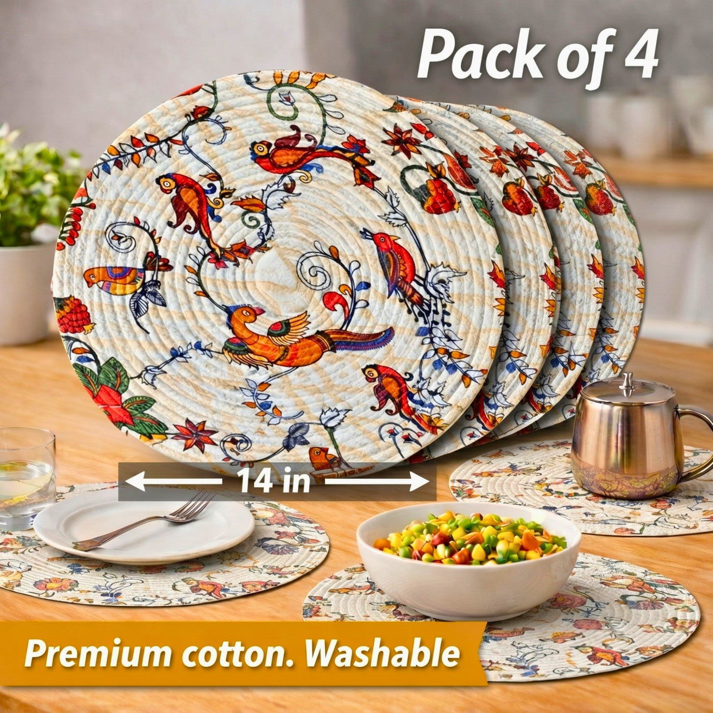 Mittory Cotton Round Dining Table Mats 4 | Boho Quilt Handmade Place Mats | Hot Pot Mat