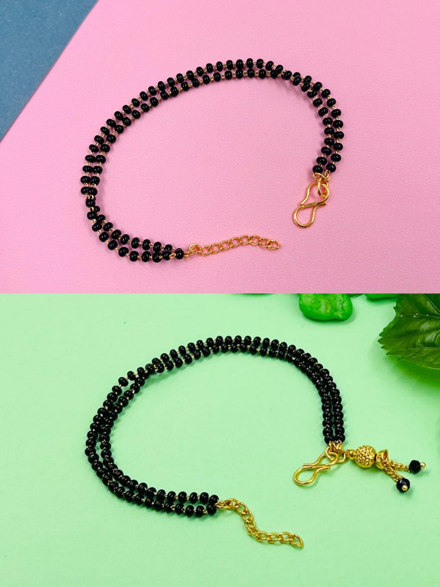 JHB Golden Gold-Plated Brass and Black bead Bracelet 2 pis Combo for Women