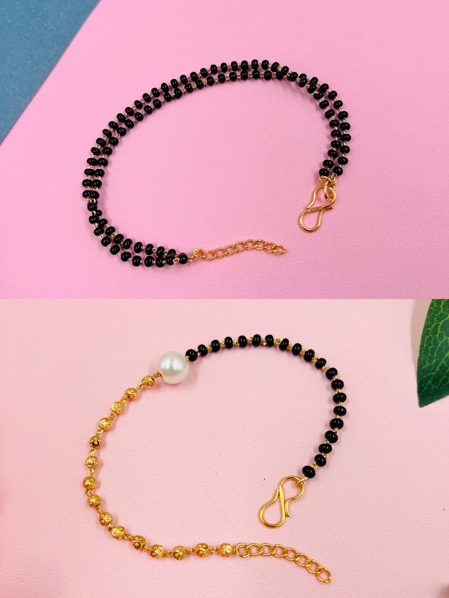 JHB Golden Gold-Plated Brass and Black bead Bracelet 2 pis Combo for Women