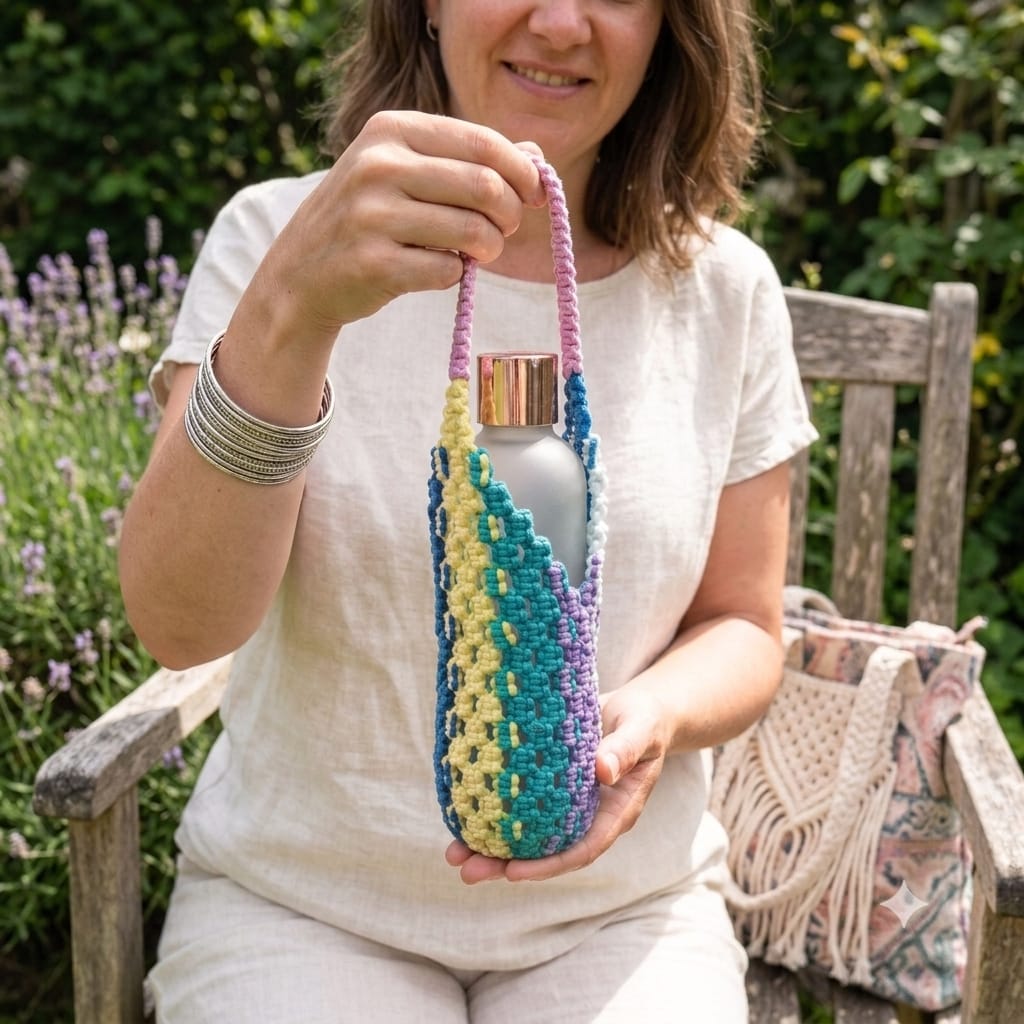 Handmade Multicolor Macrame Water Bottle Holder Cover with Carry Handle 1 LTR