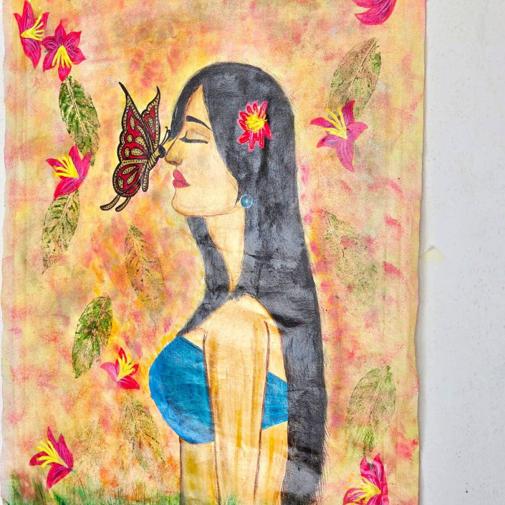 Butterfly kissing lady in garden Acrylic canvas painting