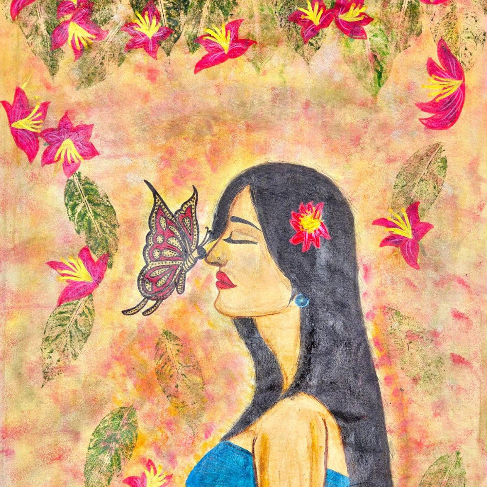 Butterfly kissing lady in garden Acrylic canvas painting