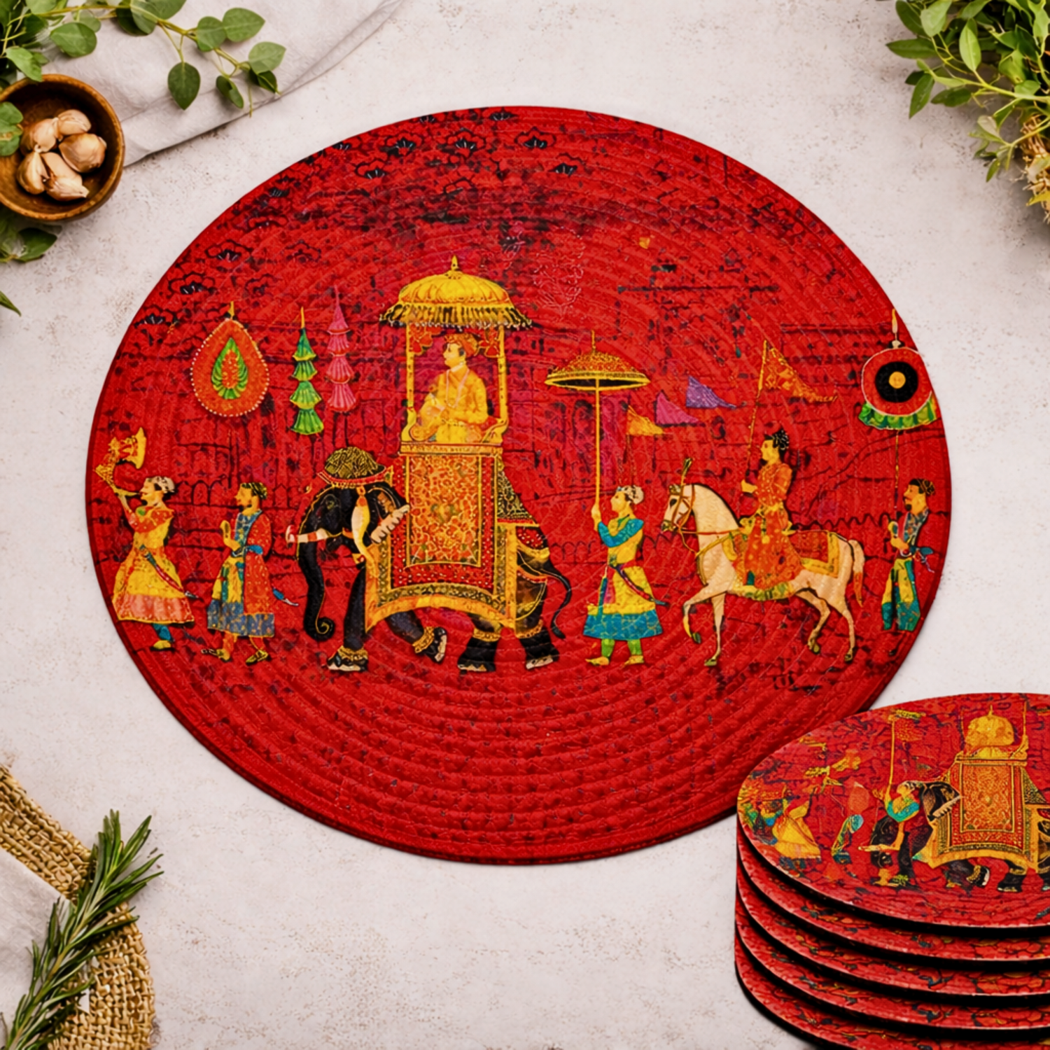 Mittory Cotton Round Dining Table Mats 6 | Royal Red Handmade Place Mats | Hot Pot Mat