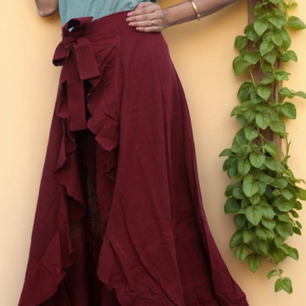 KALEIDOS -Wrap-on Skirt Plazzo with a drawstring closure,front slit ,flared hem.
