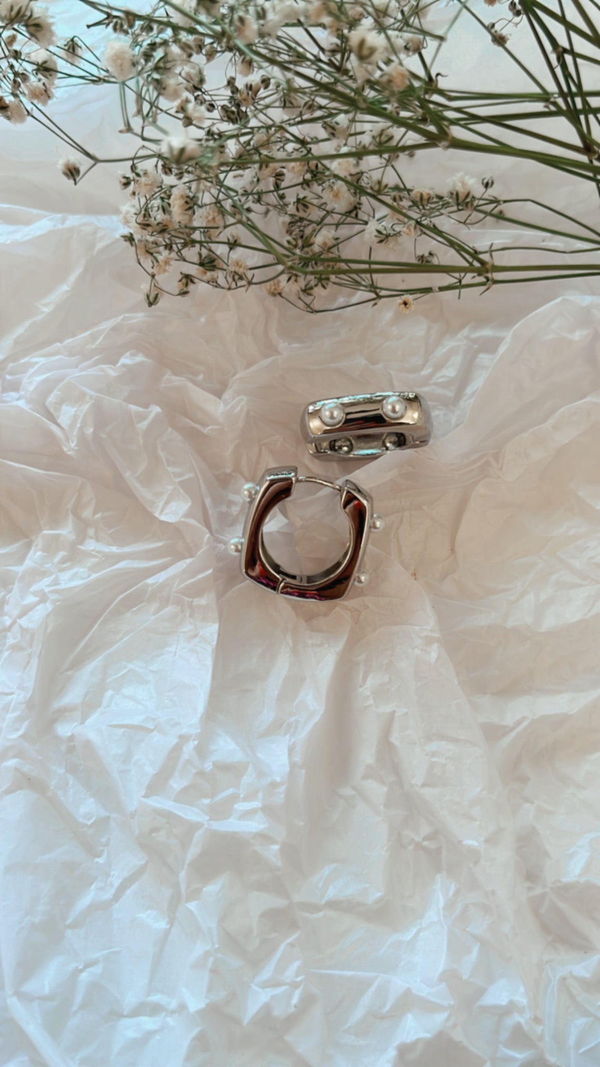 Silver Square Hoops with Pearls