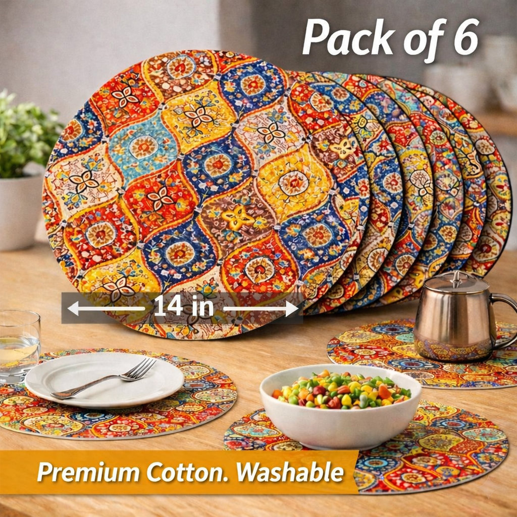 Mittory Cotton Round Dining Table Mats 6 | Mandala Handmade Place Mats | Hot Pot Mat