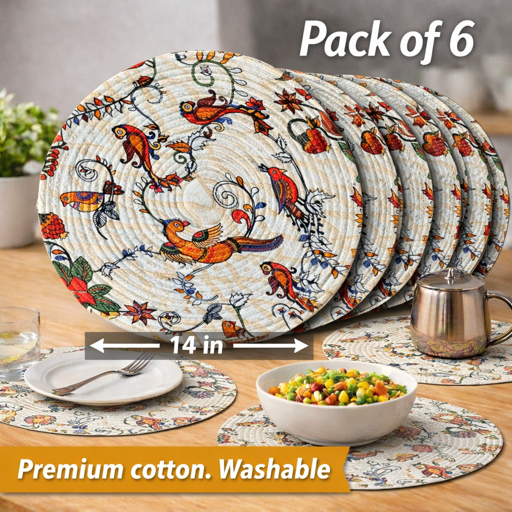 Mittory Cotton Round Dining Table Mats 6 | Boho Quilt  Handmade Place Mats | Hot Pot Mat