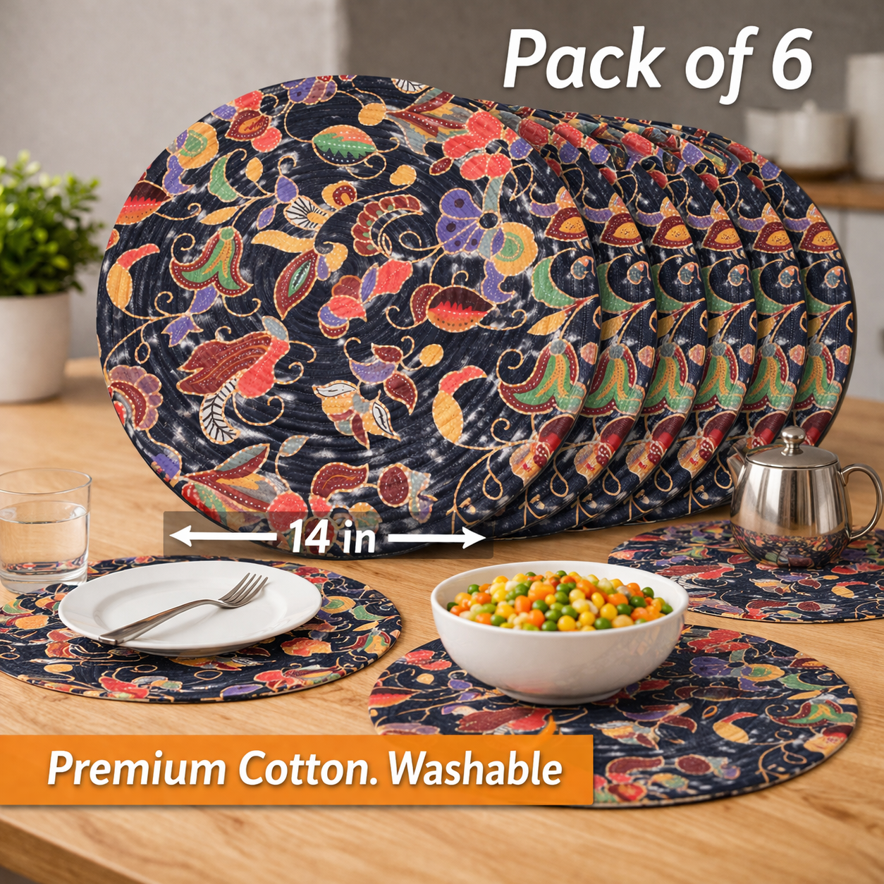 Mittory Cotton Round Dining Table Mats 6 | Floral Handmade Place Mats | Hot Pot Mat