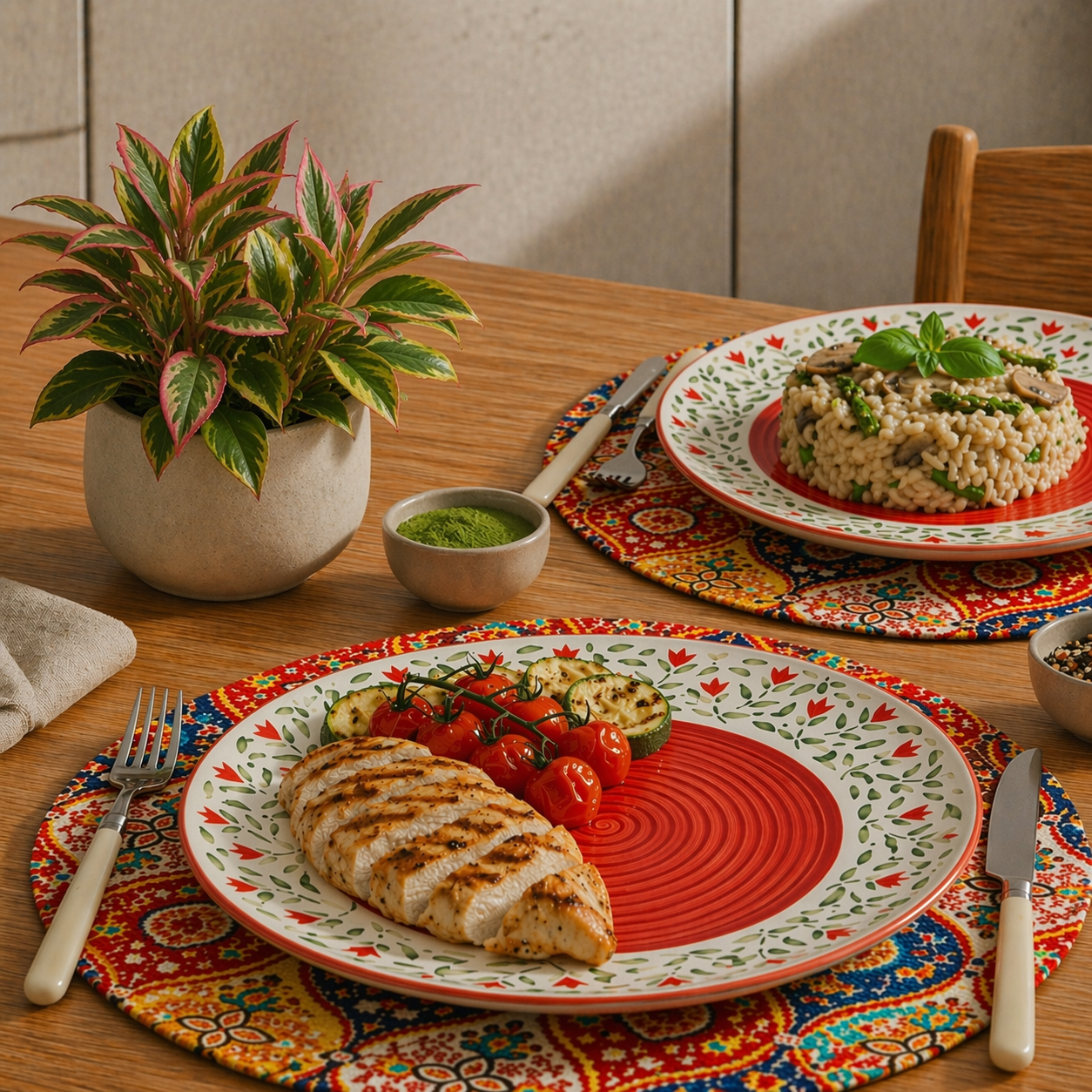 Mittory Citrus Spiral Dinner Plates (Set of 2) with Mandala Placemats (Set of 4) – Colorful Ceramic Tableware & Boho Dining Decor Combo