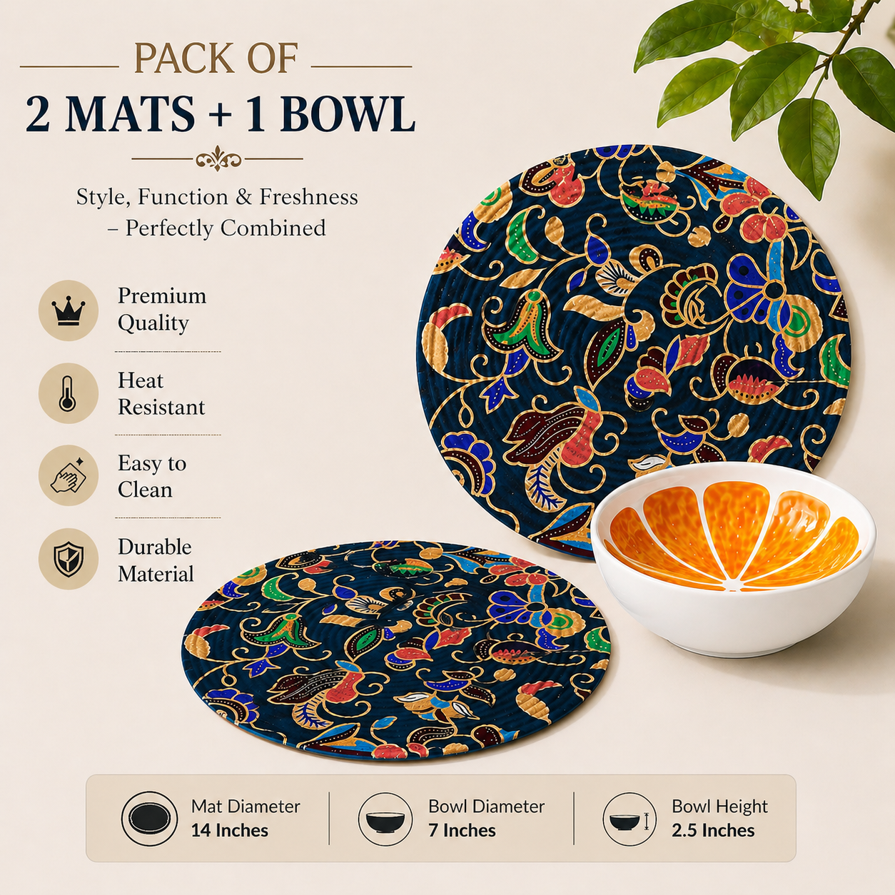Mittory Minimal Hosting Combo – Citrus Snacks Bowl with 2 Decorative Table Mats | Compact Serving & Table Styling Set
