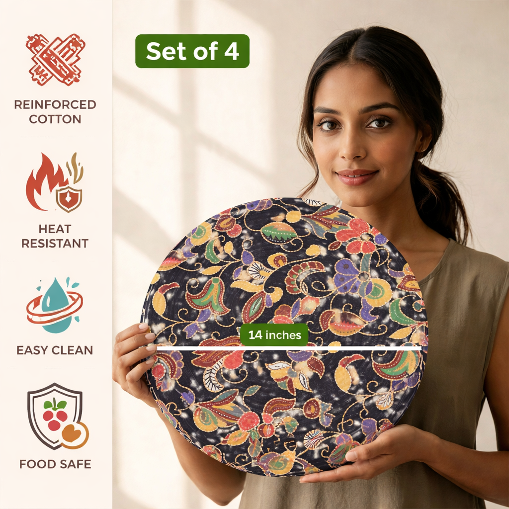 Mittory Cotton Round Dining Table Mats 4 | Floral Handmade Place Mats | Hot Pot Mat