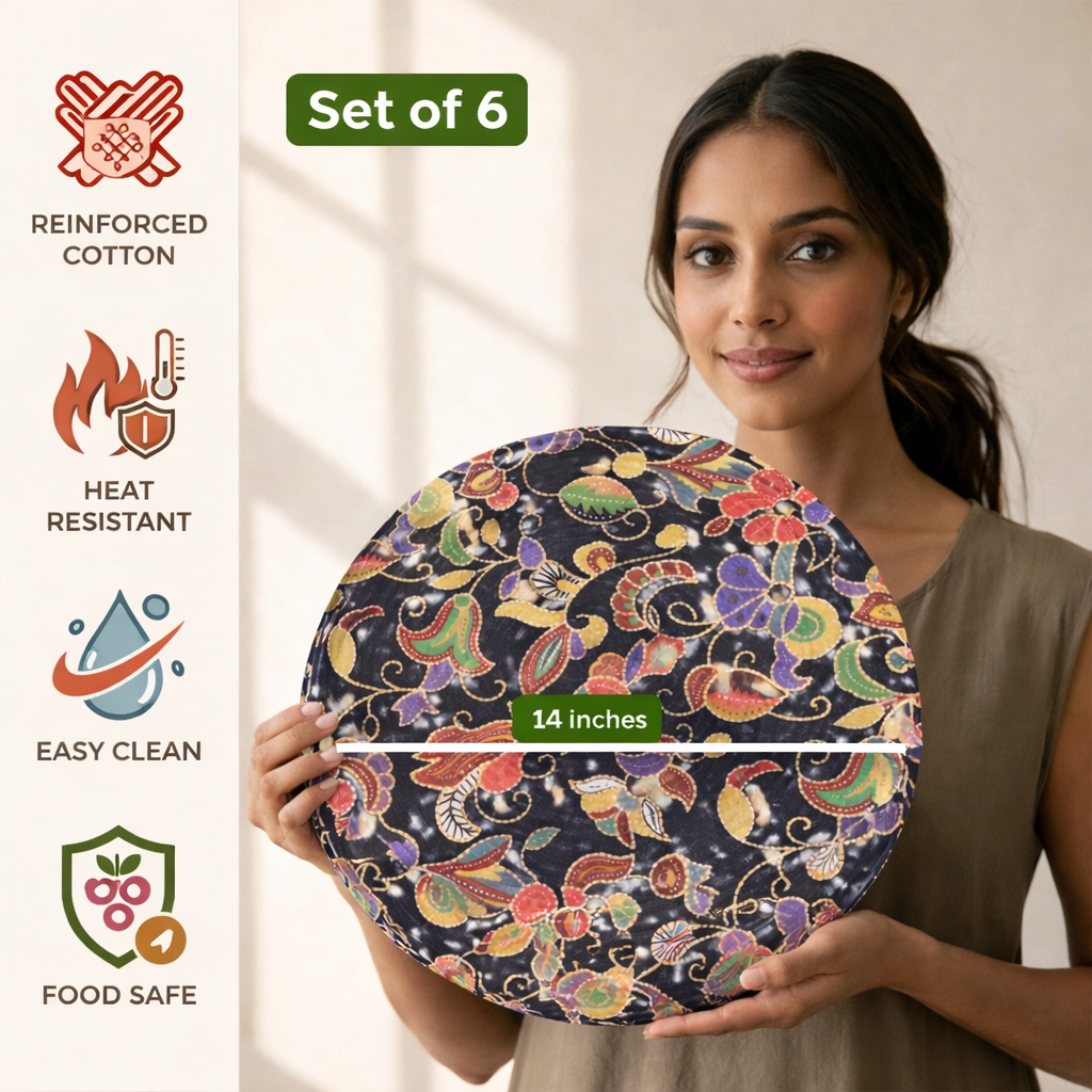 Mittory Cotton Round Dining Table Mats 6 | Floral Handmade Place Mats | Hot Pot Mat