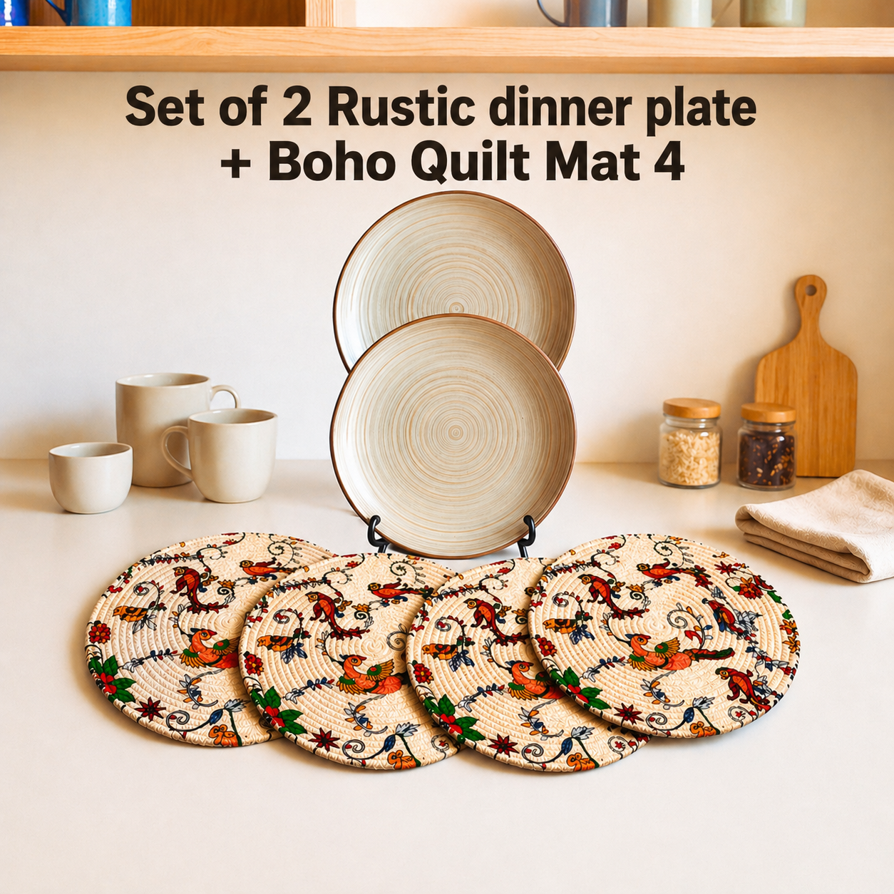 Mittory Rustic Dinner Plates (Set of 2) with Boho Quilted Placemats (Set of 4) – Artisan Ceramic Tableware & Decorative Dining Mats