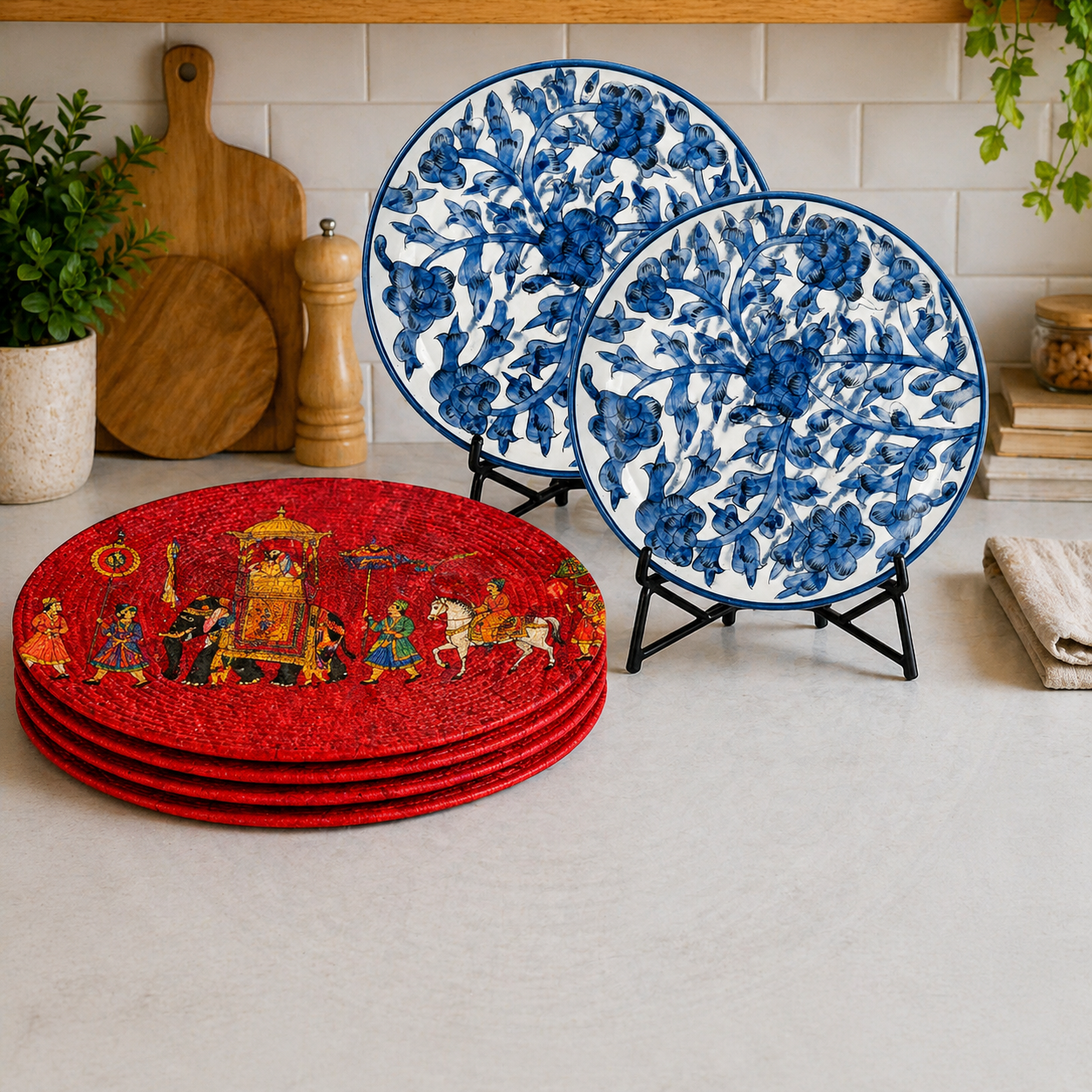 Mittory Blue Regency Dinner Plates (Set of 2) with Red Royal Placemats (Set of 4) – Elegant Ceramic Tableware & Decorative Dining Mats Combo