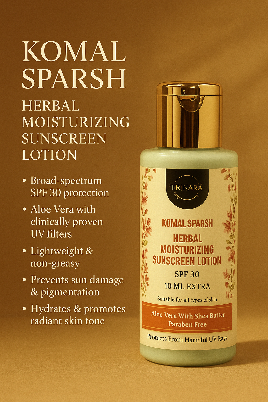 "Komal Sparsh Herbal Moisturizing Sun-Screen Lotion SPF-30 Aloe Vera With Shea Butter Paraben Free Protects From Harmful UV Rays Suitable for all skin types"	Pack Size : 90 ml