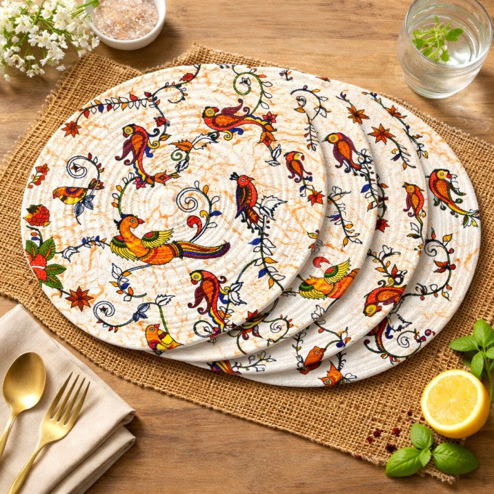 Mittory Cotton Round Dining Table Mats 4 | Boho Quilt Handmade Place Mats | Hot Pot Mat