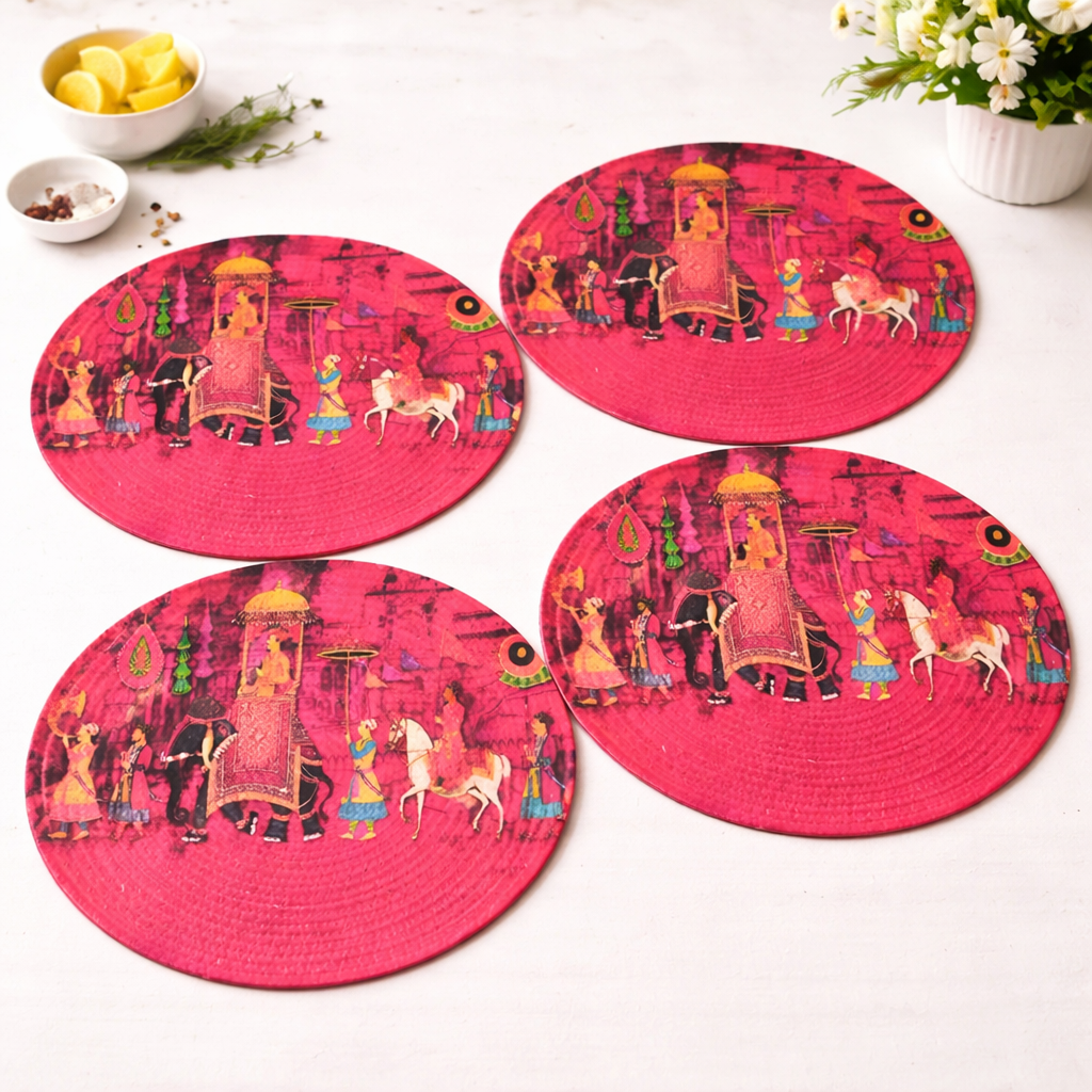 14 Inch Ethnic Printed Cotton Dining Table Mat Round - Set of 4 | Heat Resistant
