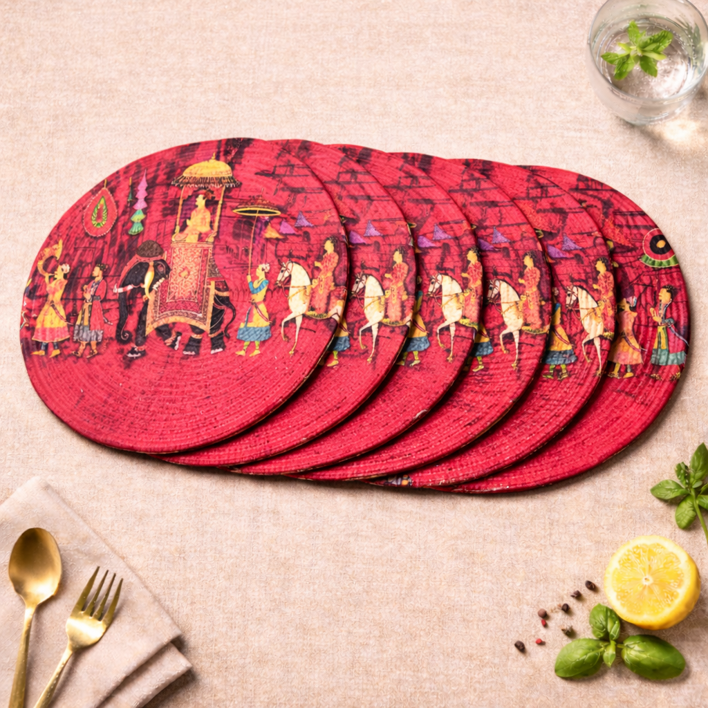 14 Inch Ethnic Printed Cotton Dining Table Mat Round - Set of 6 | Heat Resistant