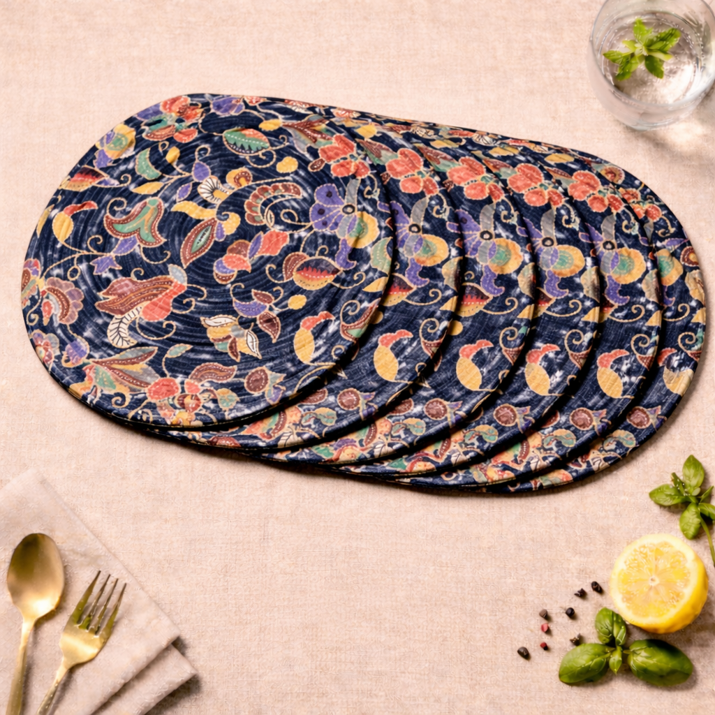 14 Inch Floral Printed Cotton Dining Table Mat Round - Set of 6 | Heat Resistant